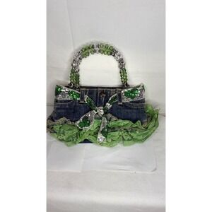 Sancred Jeans Y2K Denim Handbag Green Lace Ruffles Sequins Beaded Handle Blue
